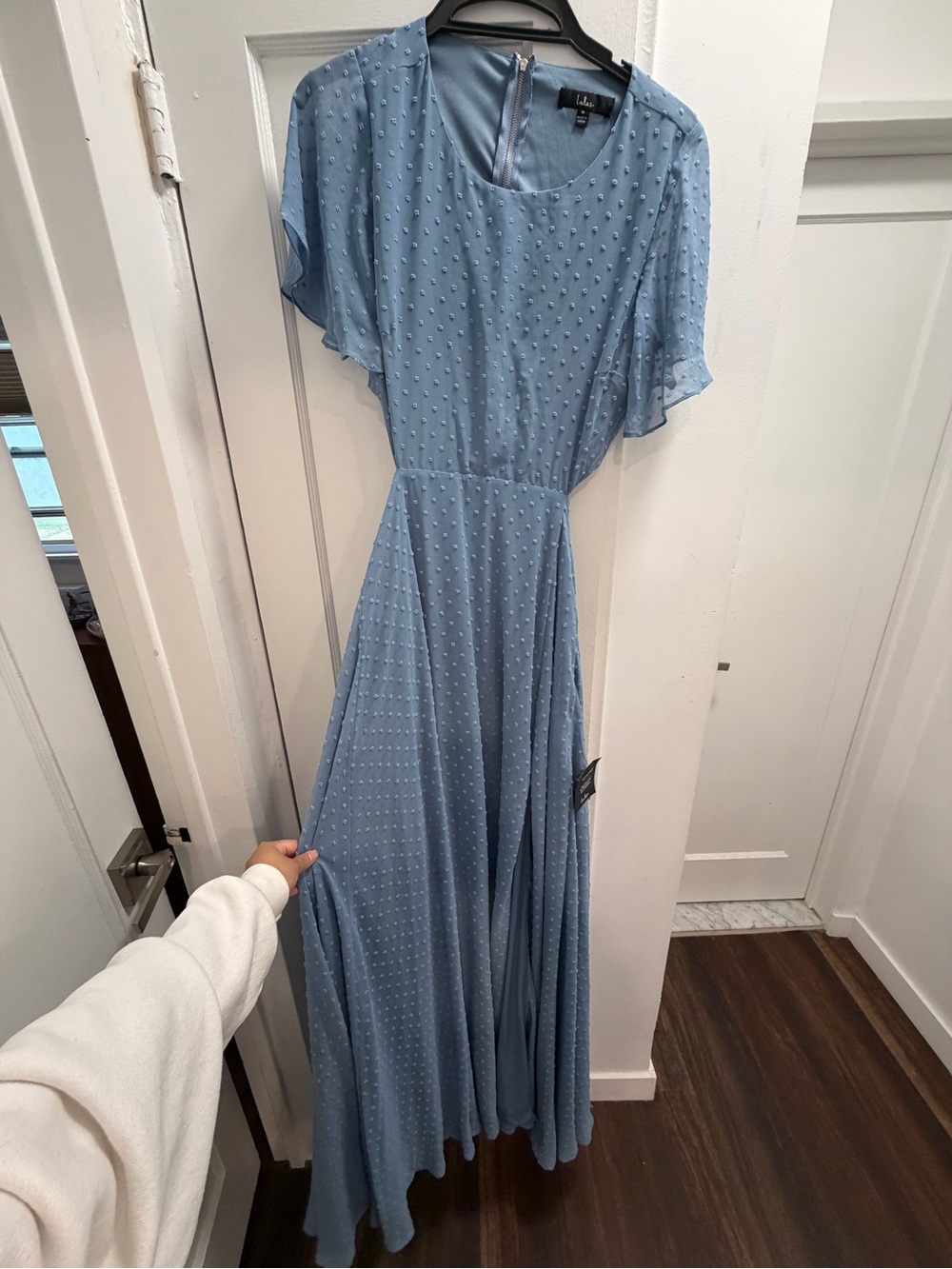 Lulu's Slate Blue Swiss Dot Flutter Sleeve Maxi Dress